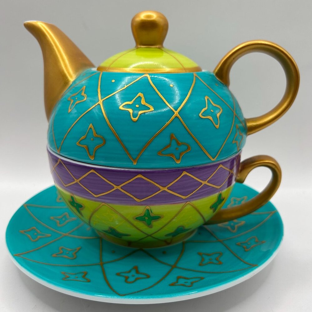 Colorful Hand-Painted 4-Pc. Tea for One. Saucer, Cup, Teapot & Lid!